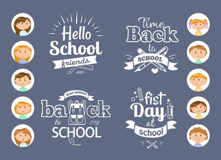 Pupils or students and back to school monochrome icons with lettering vector. Pen and pencil, ruler and flask, backpack and stationery, boys and girls. White lettering with back to school phrasesのイラスト素材