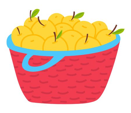 Yellow apples in basket isolated vegetarian food. Vector harvest of fruits in wicker container, wooden pottle with handle. Agriculture, ripe seasonal productのイラスト素材