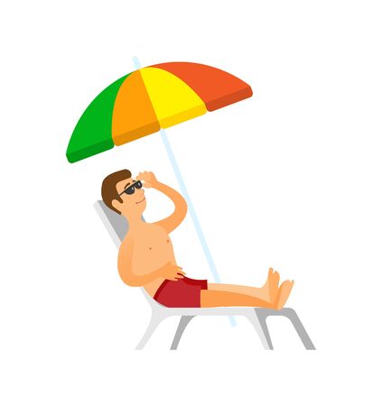 Summertime relaxation traveling to coast vector. Tourist wearing sunglasses laying under umbrella on chaise longue. Person on beach in swimming shortsのイラスト素材