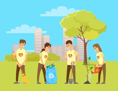Volunteers watering plants from can, digging ground and planting trees, gathering litter and garbage and sweeping floor with broom. Vector social organization workers. Volunteering in parkのイラスト素材