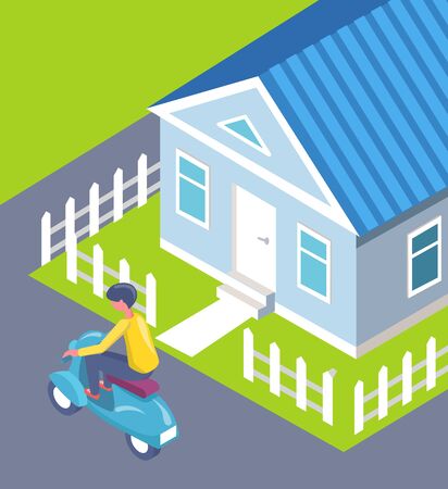 House with fence and cut lawn vector, person on scooter riding on path flat style man wearing helmet using ecologically friendly transport in cityのイラスト素材