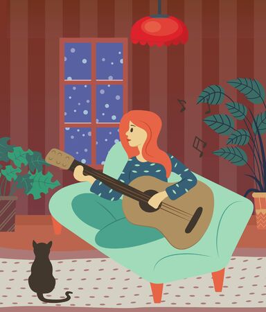 Hobby of woman vector, young lady playing musical instrument acoustic guitar. Cat listening to owner, leisure pastime, interior with plants and lamp, winterのイラスト素材