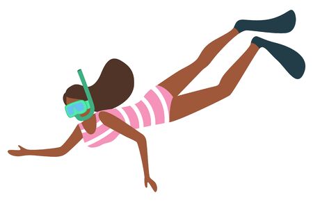 Woman snorkeling in diving mask isolated. Vector female with tube going to dive, underwater floating person in swimsuit and flippers, striped bikiniのイラスト素材