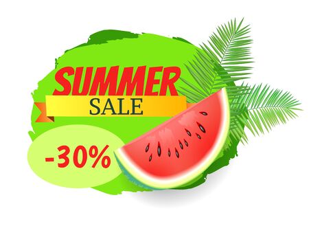 Summer sale watermelon discount isolated banner with text on stripe vector. Tropical leaves of palm tree, juicy fruit with seeds offering for clientsのイラスト素材