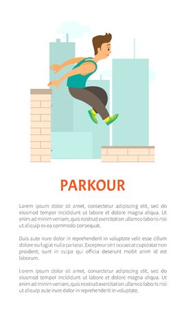 Extreme sport parkour poster decorated by man running by roof, buildings and skyscrapers. Person in sportwear jumping on skyscrapers, freerunning vectorのイラスト素材