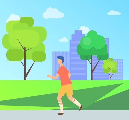 Man in sportswear running in city park, side view of male going near trees and skyscraper, outdoor activity, training athletic, sportsman decoration vectorのイラスト素材
