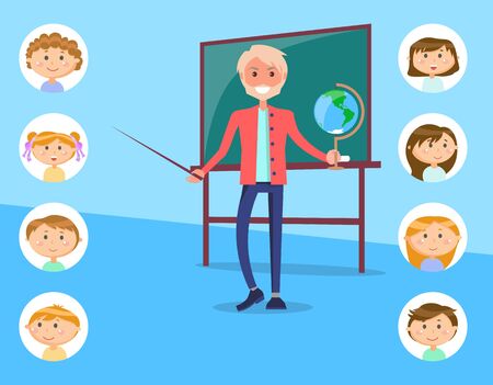 School education, geography male teacher with Earth globe and pointer near chalkboard vector. Students or pupils avatars, geographical knowledge class. Back to schoolのイラスト素材