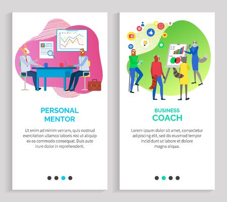Business coach school for businessman vector, hipster animals giving presentation to students, presenter meeting and gathering of people. Website or slider app, landing page flat styleのイラスト素材
