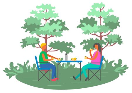 Man and woman sitting outdoor, couple picnic in forest or park, people characters drinking and eating sandwiches, healthy leisure, friends relaxing vectorのイラスト素材