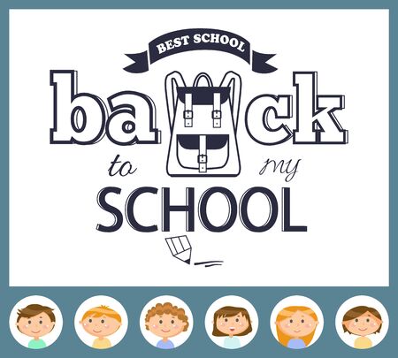 Backpack and pupils, pencil and writing, back to school vector. Rucksack and stationery, writing and lettering, boys and girls students, educationのイラスト素材