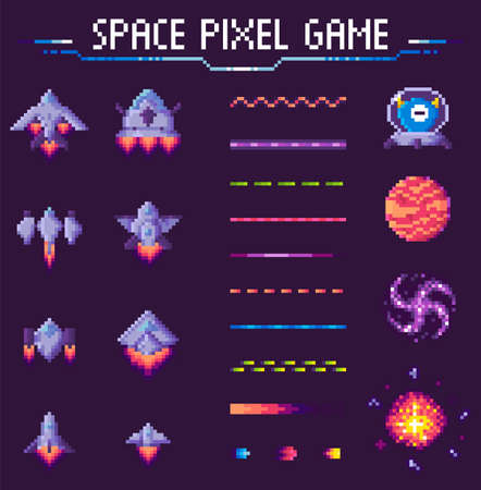 Space pixel game vector, graphics of 8 bit graphics, set of spaceships and planets icons, decorative lines and alien, black hole globe and meteor, pixelated cosmic objects for mobile app gamesのイラスト素材