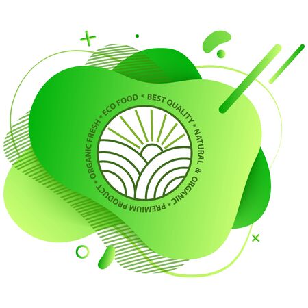 Fresh vegan food label, green poster natural and herbal product, 100 percent organic, healthy product, set of emblem, market sticker vector. Menu logo on green abstract watercolor lableのイラスト素材