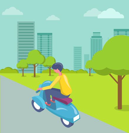 Person driving scooter by road, urban transport, back view of man or woman character in casual clothes on bike, driver on e-scooter, building vectorのイラスト素材