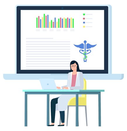 Portrait view of female doctor working with laptop, physician character wearing glasses and medical gown, monitor with report, clinic workplace vectorのイラスト素材