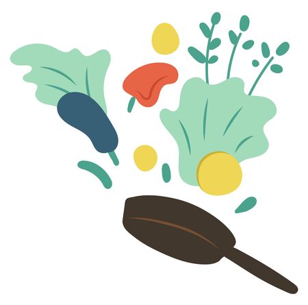 Cook hobby, frying pan with vegetables. Label decorated by bell pepper, zucchini and green, ingredients symbols, cookery decoration element, hobby vectorのイラスト素材