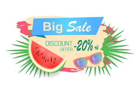Big sale and discounts reduction of price isolated banner vector. Juicy watermelon with sunglasses and tropical leaves of plant. Reduced cost on goodsのイラスト素材