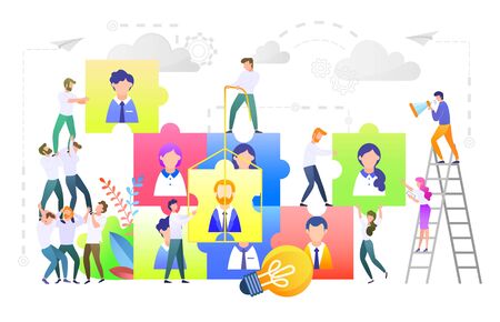 Business teamwork. People working together vector, isolated workers standing on ladder helping each other and building community of professionals, team leaders with puzzles. Team building conceptのイラスト素材
