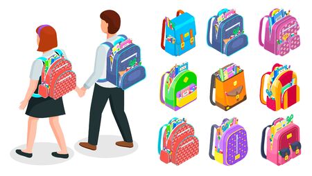 Pupils walking holding hands. Set of colorful backpacks filled with supplies like ruler, pencils, pens. School equipment and accessories vector illustration. Isometric 3d rucksack. Back to schoolのイラスト素材