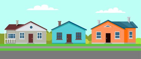 Quiet town with several buildings vector, residence and estate with greenery and lawns, homes built in traditional suburban style by long road flat styleのイラスト素材