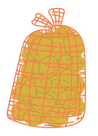 Potato in burlap sack, pile harvest product in bag, agricultural work. Packaging spud, fresh rustic vegetable, vegetarian food in flat design style vectorのイラスト素材