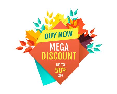 Mega discount, half price off emblem with autumn leaves. Seasonal sale only for fall, special offer to buy now  vector illustration isolated.のイラスト素材