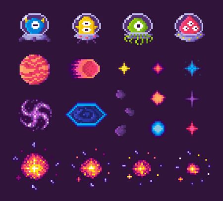 Pixel art game icons vector, 8 bit graphics of retro gaming, aliens of different form and planets, space theme, stars and explosions starry sky flat style, pixelated cosmic object for mobile app gamesのイラスト素材