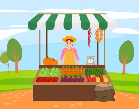 Seller with products from harvested field vector, woman with vegetables in boxes. Cucumber and carrots, fresh and ripe veggies, pepper and pumpkinのイラスト素材