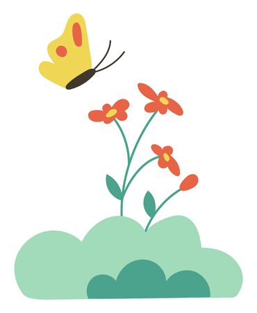 Butterfly on flowers isolated cartoon style bud. Vector yellow insect with red dots on wings and spring or summer time flowers. Green bushes and plantsのイラスト素材