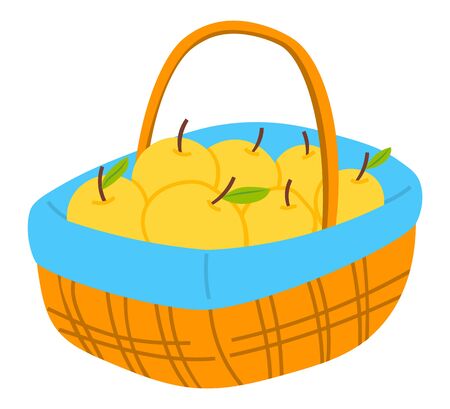 Harvest apples with leaves in wicker basket, wooden pottle with handle. Agricultural element, ripe fruit, seasonal delicious product, gardening vectorのイラスト素材