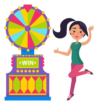 Roulette gambling machine, smiling winner woman. Lucky player, colorful wheel, fortune or lottery equipment, happy female winning, casino element vectorのイラスト素材