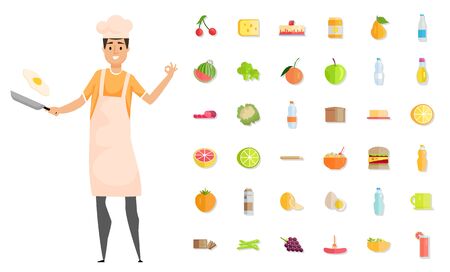 Pastime of man with frying pan vector, male hobby culinary art. Cherry and apple, peach and strawberry, broccoli and lime, lemon and vegetables setのイラスト素材