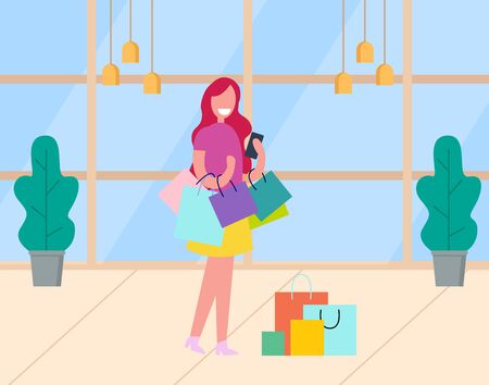 Smiling female standing with colorful packages, woman character in supermarket. Shopping day of lady, customer with purchases, plant and lamp vectorのイラスト素材
