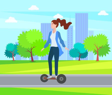 Woman riding on electric scooter in green city park with trees and houses on background. Vector cartoon style girl on self-balancing board, new hoverboard gadget. Flat cartoonのイラスト素材