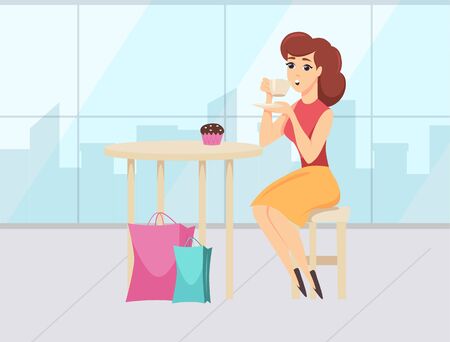 Break time with coffee and dessert of woman shopper. Female character sitting in cafe with colorful packages, shopping day, lady with purchase vector. Flat cartoonのイラスト素材