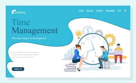 People working with projects in time vector, man and woman with laptops and data. Lady sitting on books, clock and gears process symbol text. Website about time managment flat styleのイラスト素材