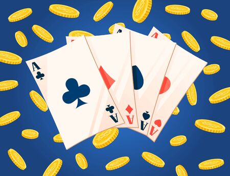 Gambling cards and golden coins award, business success. Four ace, win jackpot, casino...