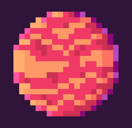 Planet of rounded shape vector, isolated celestial body with spots, pixel game graphics, element designed with pixelated effect, mosaic 8 bit galaxyのイラスト素材