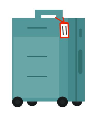 Suitcase on wheels, isolated object vector. Baggage or luggage, summer vacations abroad, journey or trip, leather bag with handle, pockets on zipper. Journey package, business travel bag. Flat cartoonのイラスト素材