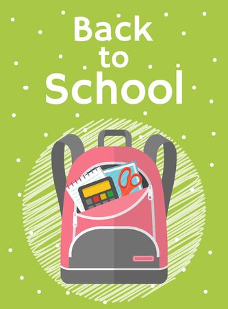 Colored school backpack. Education and study back to school, schoolbag luggage, rucksack vector illustration. Kids school bag with education equipment. Backpacks with study supplies. Student satchelsのイラスト素材