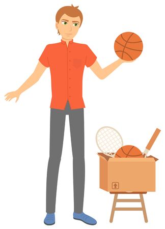 Young man selling sports equipment. Tennis rocket and basketball ball in cardboard box. Garage sale or flea market concept flat vector illustration. Event for sale used goodsのイラスト素材