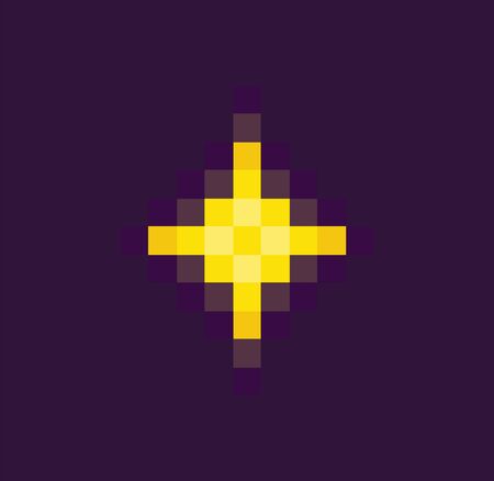 Burst element or star trophy of space pixel game, neon light, led decoration, pixelated yellow star in flat design style, geometric shiny equipment vector, 8bit cosmic object for mobile app gamesのイラスト素材