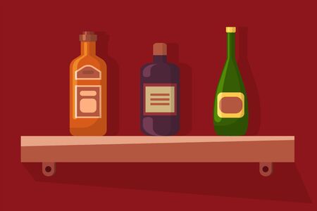 Alcoholic beverages standing on shelf vector, bottles with emblems etiquette. Pub or bar service, drinks alcohol in container glass, celebration and partyのイラスト素材