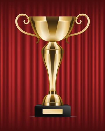 Prize for winner in competition, trophy on red curtain, symbol of luck. Successful completion of task, golden decoration. Shiny metallic goblet on black stand with nameplate. Sports competition prizeのイラスト素材