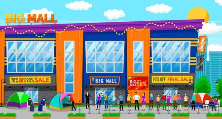 Sale in shopping center vector, people line by mall. Character sleeping in tent waiting for discounts and sales, queue of clients and customers. Big final sale in big mall. Black friday. Flat cartoonのイラスト素材