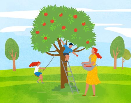 Rural area vector, farming woman with basket picking apples in garden. Playing kids family leisure, daughter and son of mother smiling character working. Pick apples concept. Flat cartoonのイラスト素材