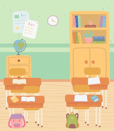 Classroom interior vector, room with desks and school supply, globe and shelves with books. Satchels bags of students, workplace with textbooks and pens. Back to school concept. Flat cartoonのイラスト素材