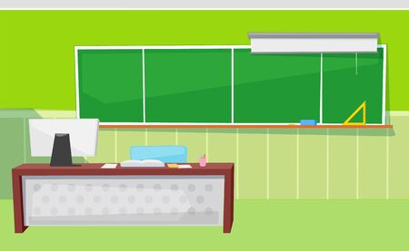 Classroom in green color, chalkboard with ruler and whiteboard, desktop with computer and notebook. Educational place, pc and textbook, audience vector. Back to school concept. Flat cartoonのイラスト素材