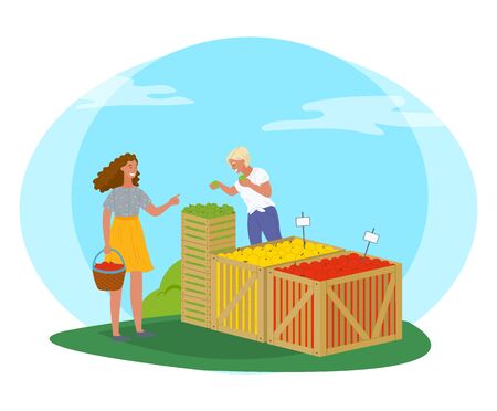 Woman buying products in market vector, summer fair with organic food and meal. Fruits from farmers, salesperson with juicy vegetarian snacks flat style. Picking apple concept. Flat cartoonのイラスト素材