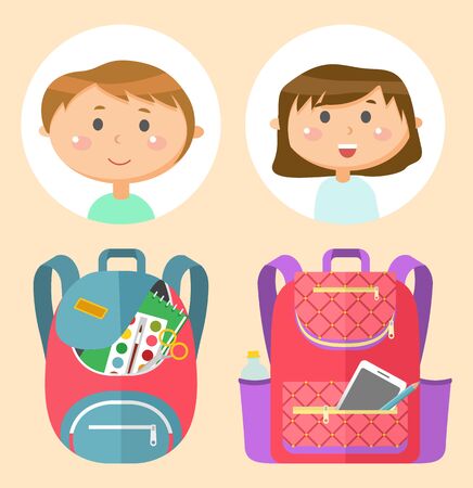 Backpacks or schoolbags with stationery, school children avatars. Rucksacks with books, girls and boys, sticker of smiling pupils or students, classmates and bags. Back to school concept. Flat cartoonのイラスト素材