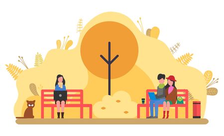 People relaxing in park vector, autumn nature season. Man and woman couple sitting on bench, workers on freelance, distant workers. Freelancers at work. Autumn yellow parkのイラスト素材